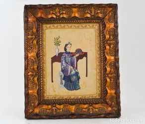 Arte: Escena oriental, mujer con vestido tradicional, 1900's, técnica mixta sobre papel, sin firmar.